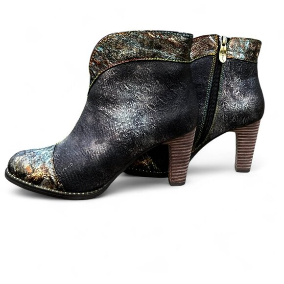 L'ARTISTE SPRING STEP Eleni Black Metallic Embossed Leather Bootie size 37EU - Picture 13 of 13